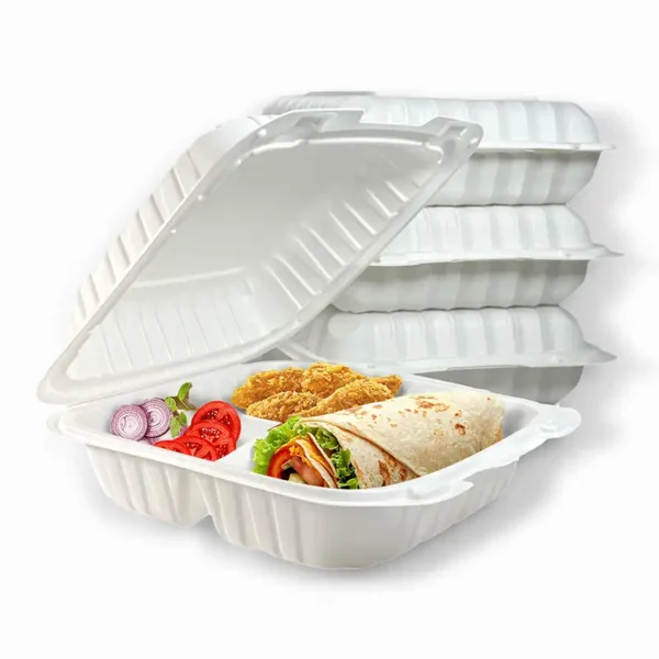 9” x 9” x 3” 3-Compartment Microwaveable White Mineral-Filled Plastic Hinged Take-Out Container – 150/Case - Image 4