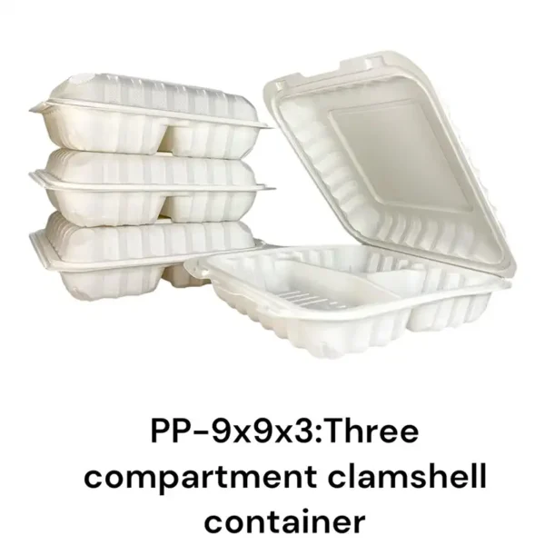 9” x 9” x 3” 3-Compartment Microwaveable White Mineral-Filled Plastic Hinged Take-Out Container – 150/Case - Image 3