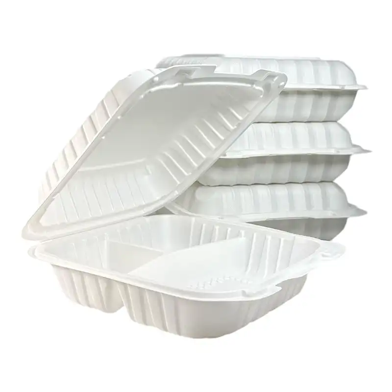 9” x 9” x 3” 3-Compartment Microwaveable White Mineral-Filled Plastic Hinged Take-Out Container – 150/Case