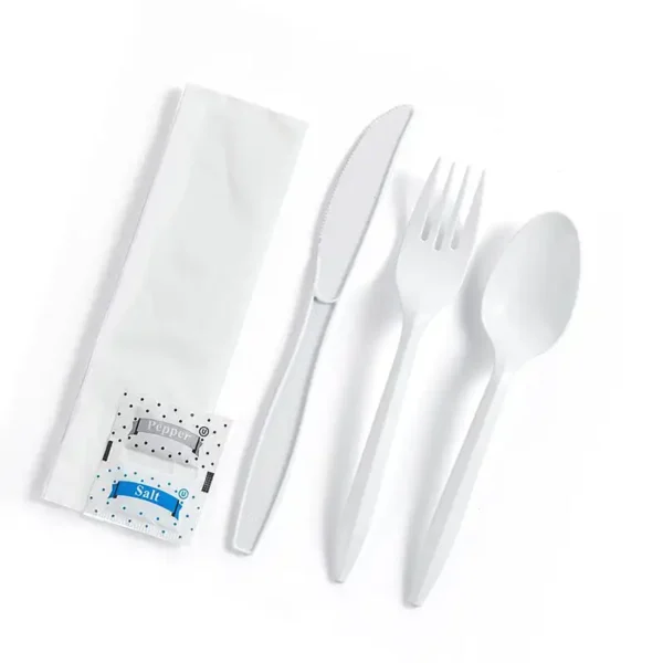 White Medium Weight Wrapped Polypropylene Plastic Cutlery Pack with Napkin and Salt Pepper Packets – 420/Case