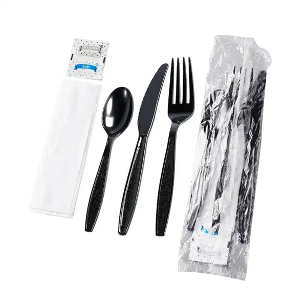 Black Heavy Weight Wrapped Polystyrene Plastic Cutlery Pack with Napkin and Salt and Pepper Packets -250/Case - Image 3