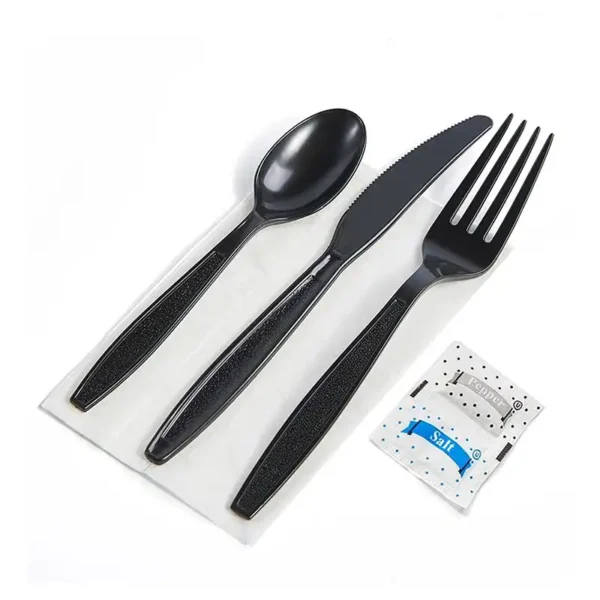 Black Heavy Weight Wrapped Polystyrene Plastic Cutlery Pack with Napkin and Salt and Pepper Packets -250/Case - Image 2