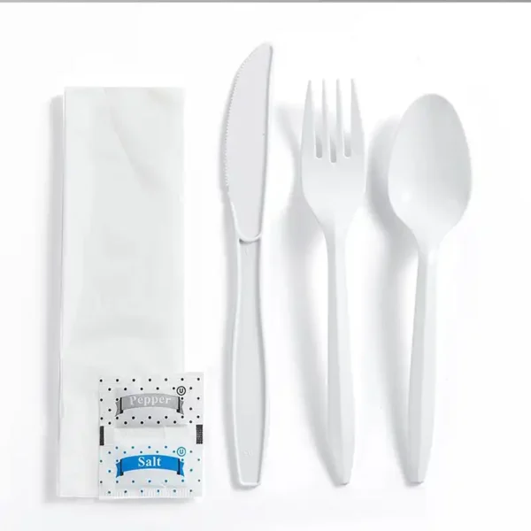 White Medium Weight Wrapped Polypropylene Plastic Cutlery Pack with Napkin and Salt Pepper Packets – 420/Case - Image 2