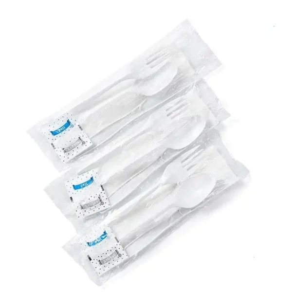 White Medium Weight Wrapped Polypropylene Plastic Cutlery Pack with Napkin and Salt Pepper Packets – 420/Case - Image 3