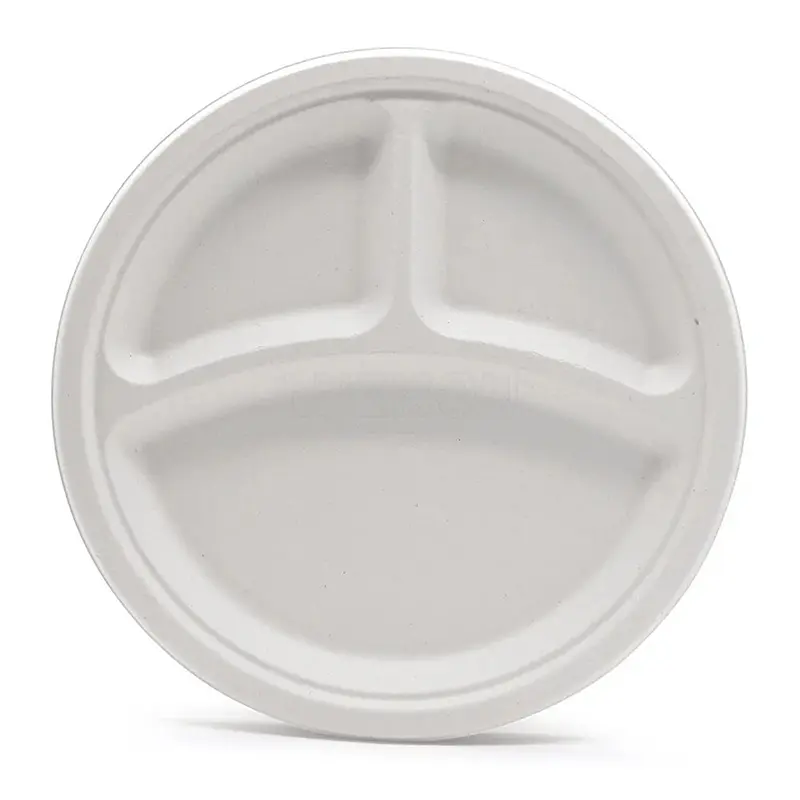 Eco friendly Compostable No PFAS Added Bamboo Bagasse 9” Plate 3 Compartment – 500/Case