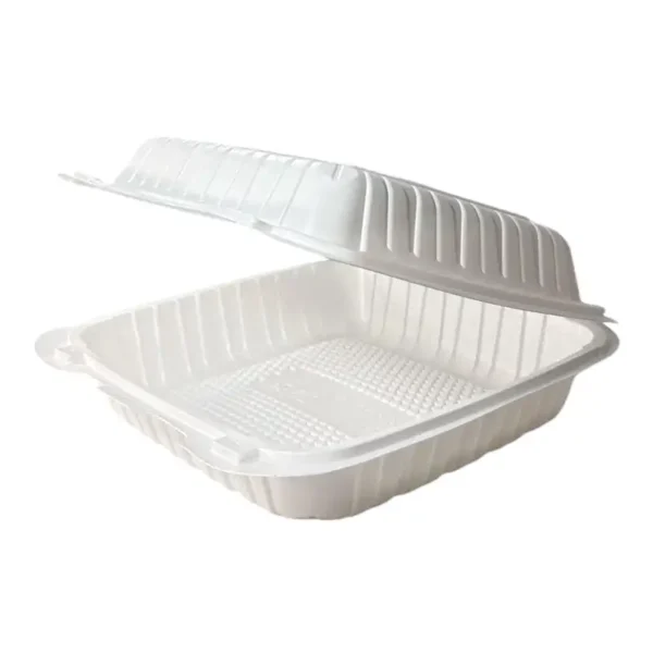 9” x 9” x 3” 1-Compartment Microwaveable White Mineral-Filled Plastic Hinged Take-Out Container – 150/Case - Image 2