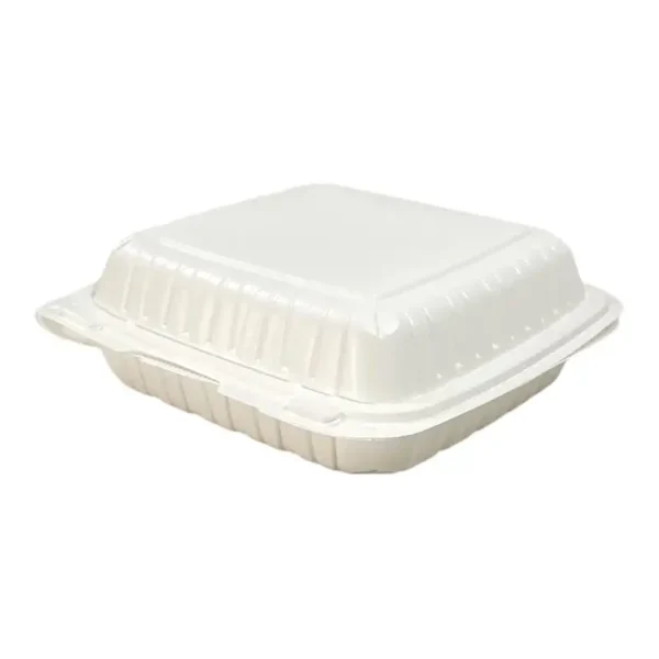 9” x 9” x 3” 1-Compartment Microwaveable White Mineral-Filled Plastic Hinged Take-Out Container – 150/Case - Image 3