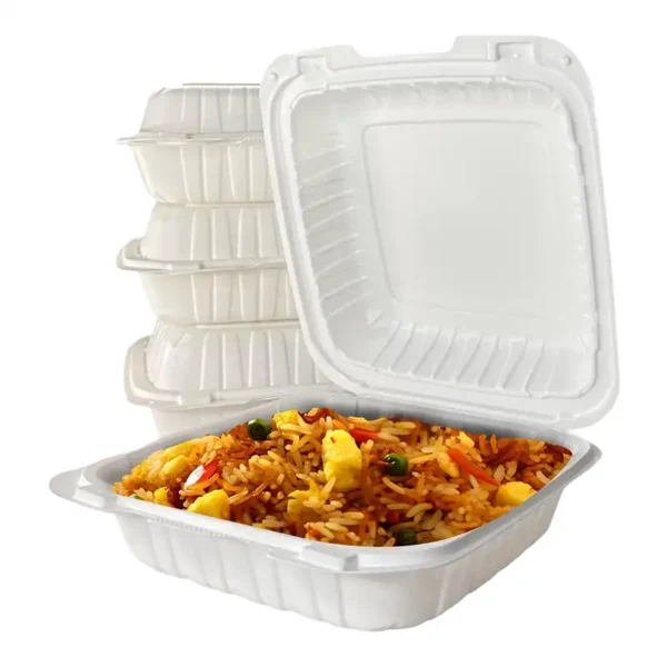 9” x 9” x 3” 1-Compartment Microwaveable White Mineral-Filled Plastic Hinged Take-Out Container – 150/Case - Image 4