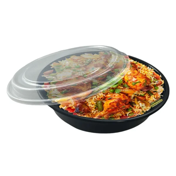 48 oz Black Round Microwavable Heavy Weight Container with Lid 9''–150/Case - Image 3