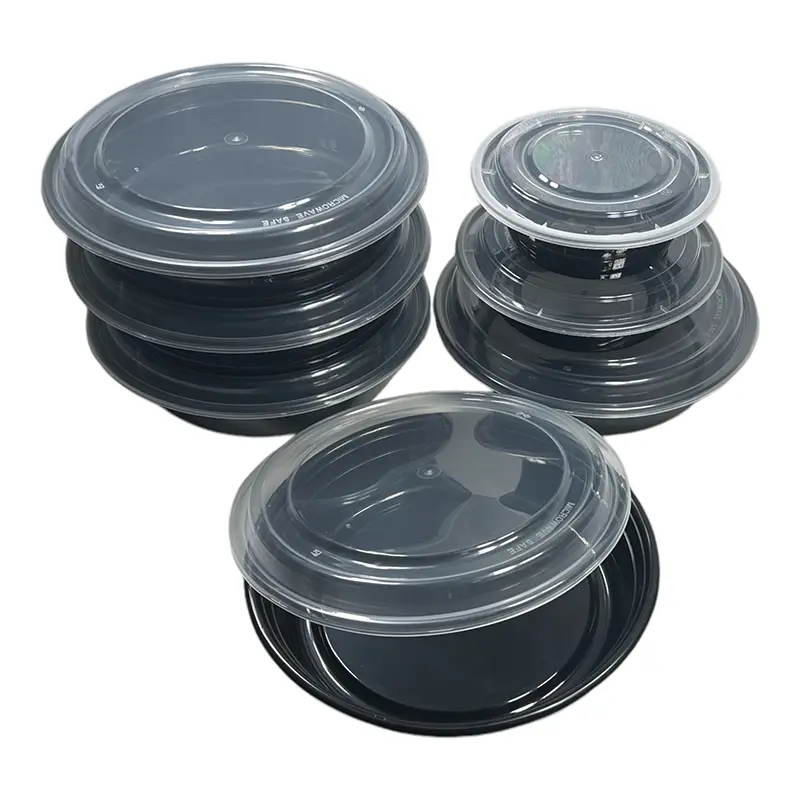 48 oz Black Round Microwavable Heavy Weight Container with Lid 9”–150/Case